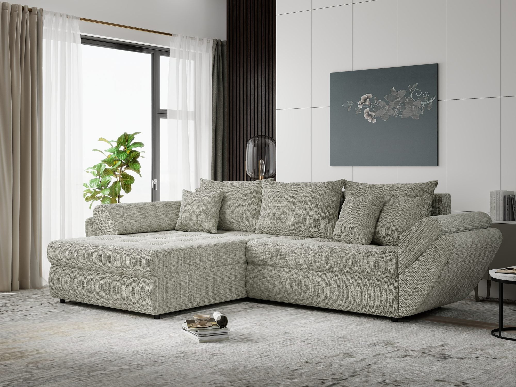 Colțar extensibil dumonde cu ladă de depozitare si sezut confortabil din spuma high-density, Loana Cremona Bej 270x185 cm