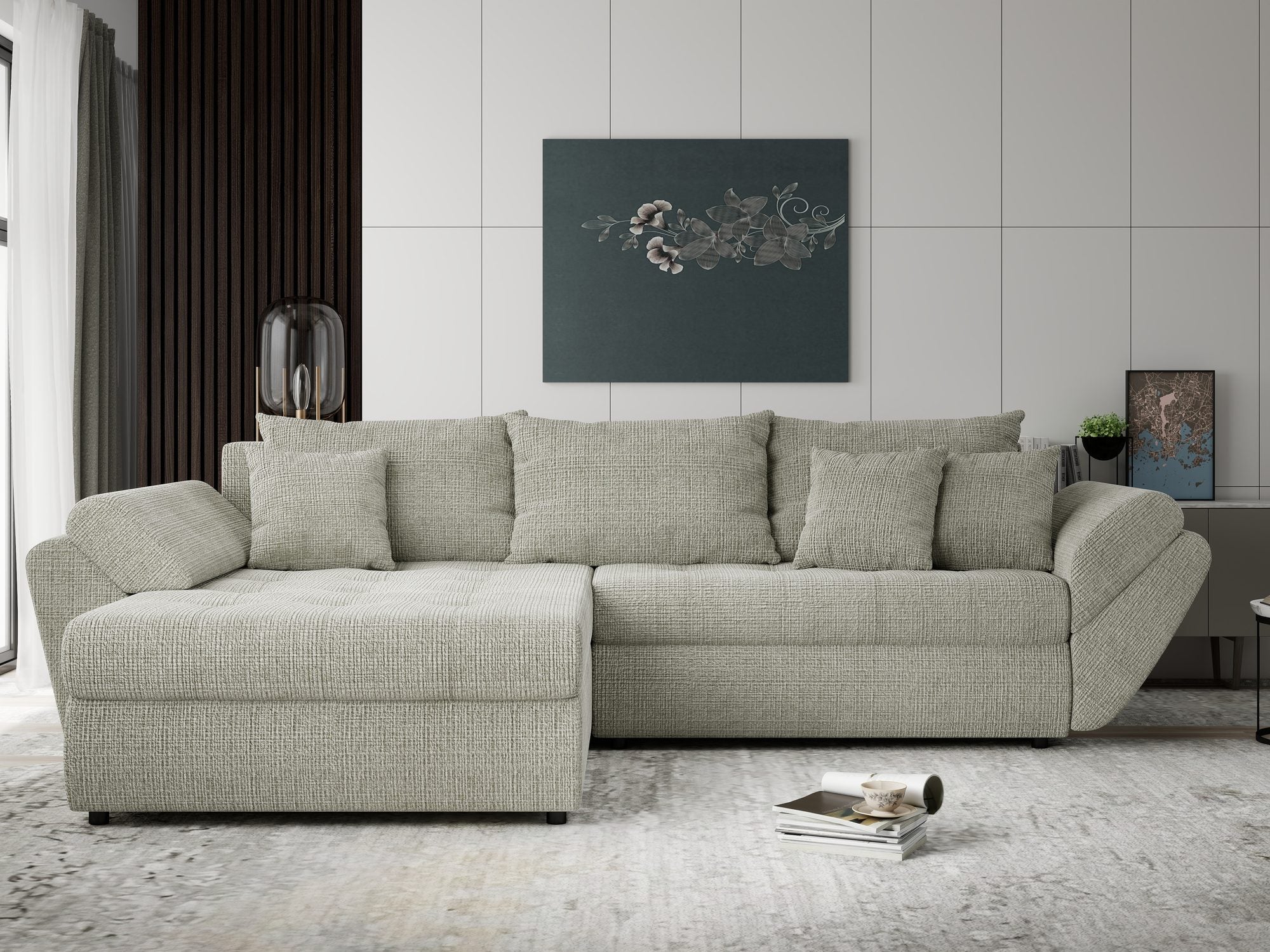 Colțar extensibil dumonde cu ladă de depozitare si sezut confortabil din spuma high-density, Loana Cremona Bej 270x185 cm