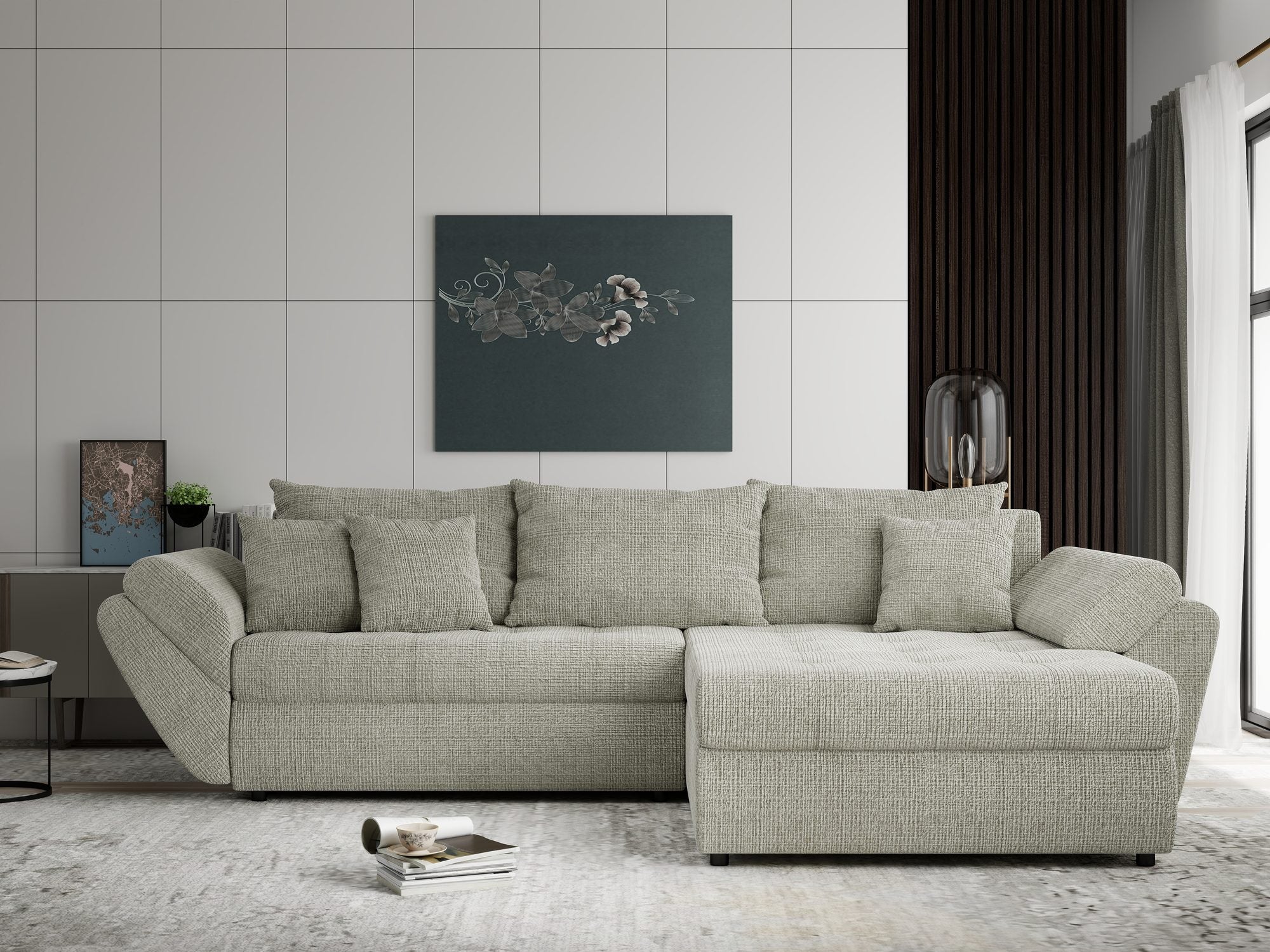 Colțar extensibil dumonde cu ladă de depozitare si sezut confortabil din spuma high-density, Loana Cremona Bej II 270x185 cm