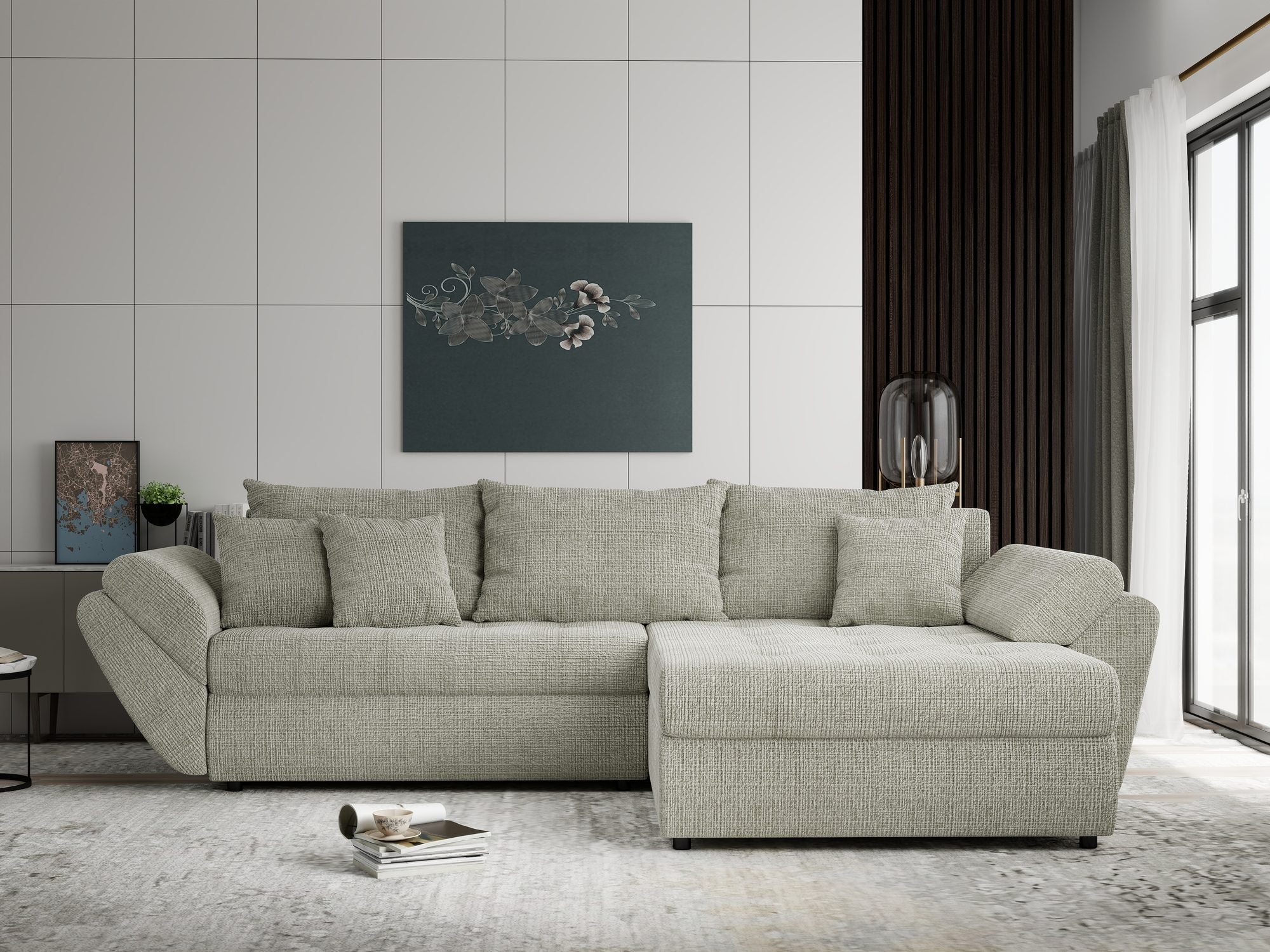 Colțar extensibil dumonde cu ladă de depozitare si sezut confortabil din spuma high-density, Loana Cremona Bej II 270x185 cm