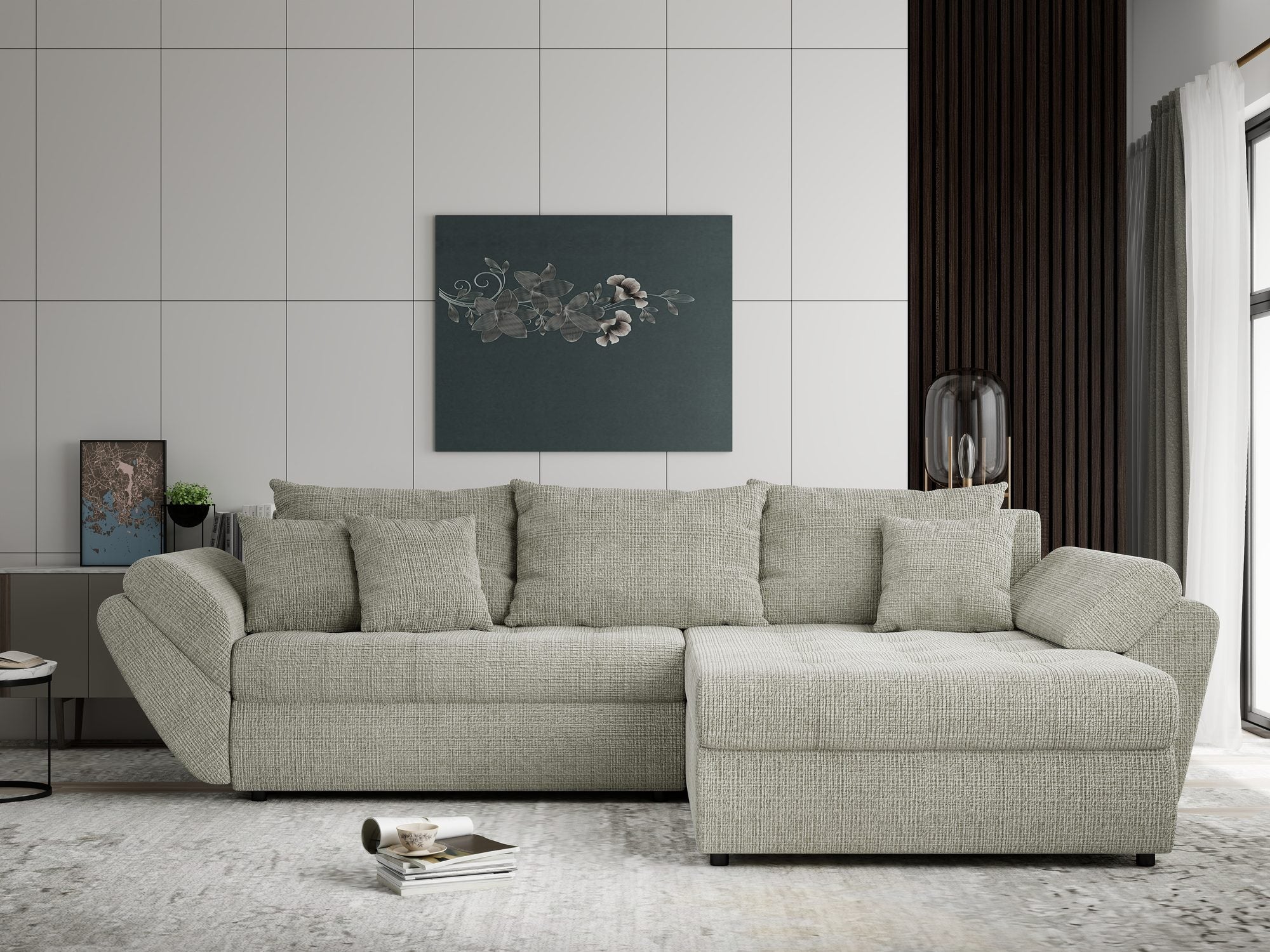 Colțar extensibil dumonde cu ladă de depozitare si sezut confortabil din spuma high-density, Loana Cremona Bej II 270x185 cm