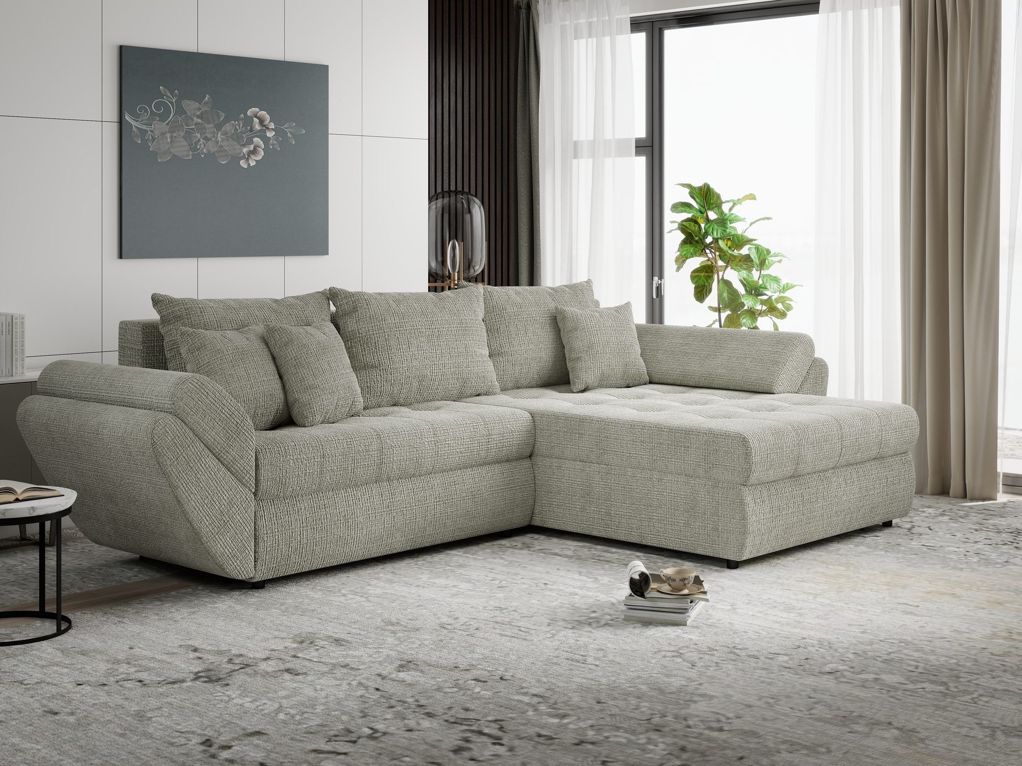 Colțar extensibil dumonde cu ladă de depozitare si sezut confortabil din spuma high-density, Loana Cremona Bej II 270x185 cm
