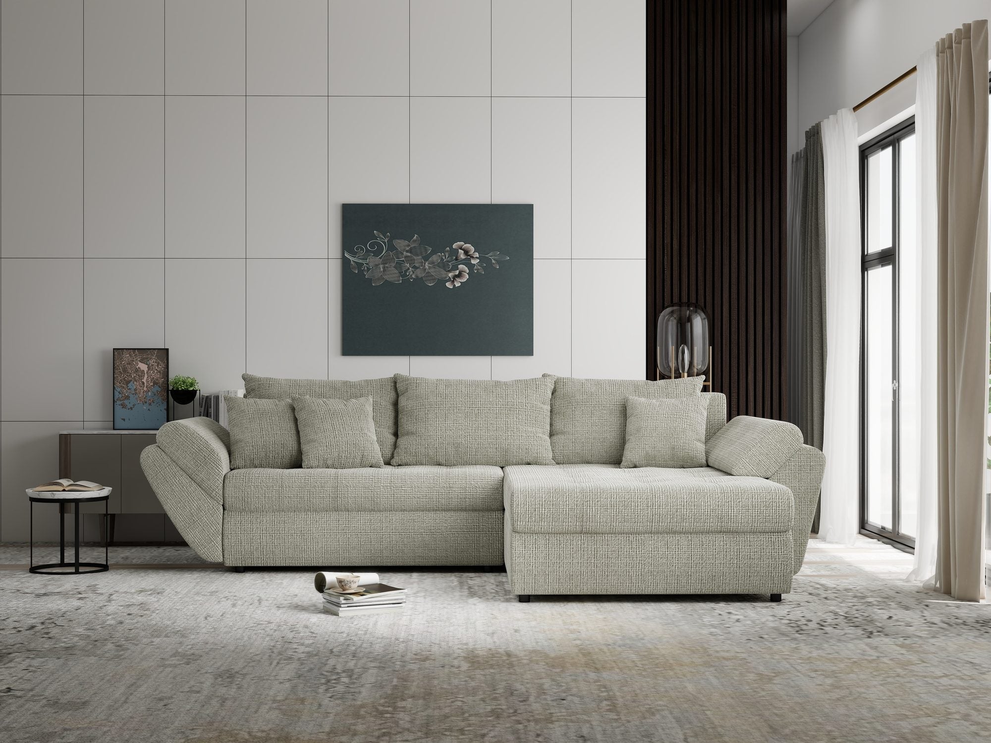Colțar extensibil dumonde cu ladă de depozitare si sezut confortabil din spuma high-density, Loana Cremona Bej II 270x185 cm