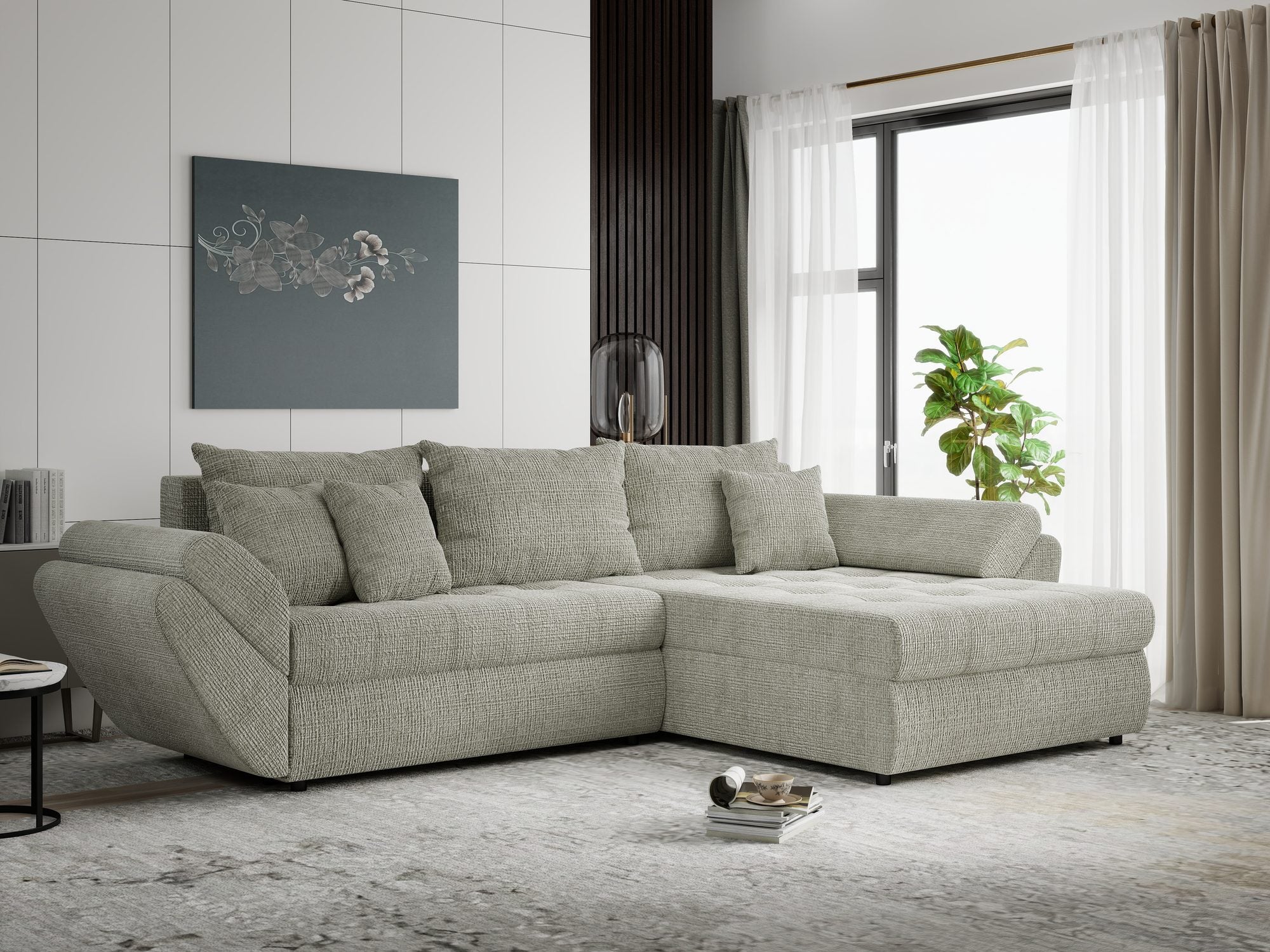 Colțar extensibil dumonde cu ladă de depozitare si sezut confortabil din spuma high-density, Loana Cremona Bej II 270x185 cm
