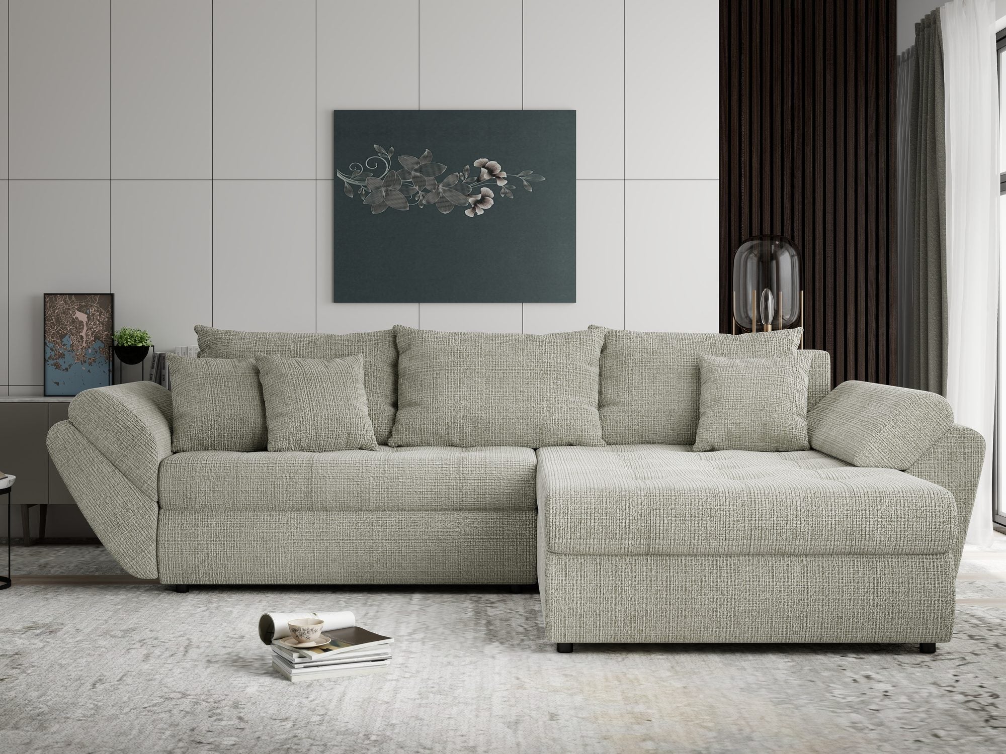 Colțar extensibil dumonde cu ladă de depozitare si sezut confortabil din spuma high-density, Loana Cremona Bej II 270x185 cm
