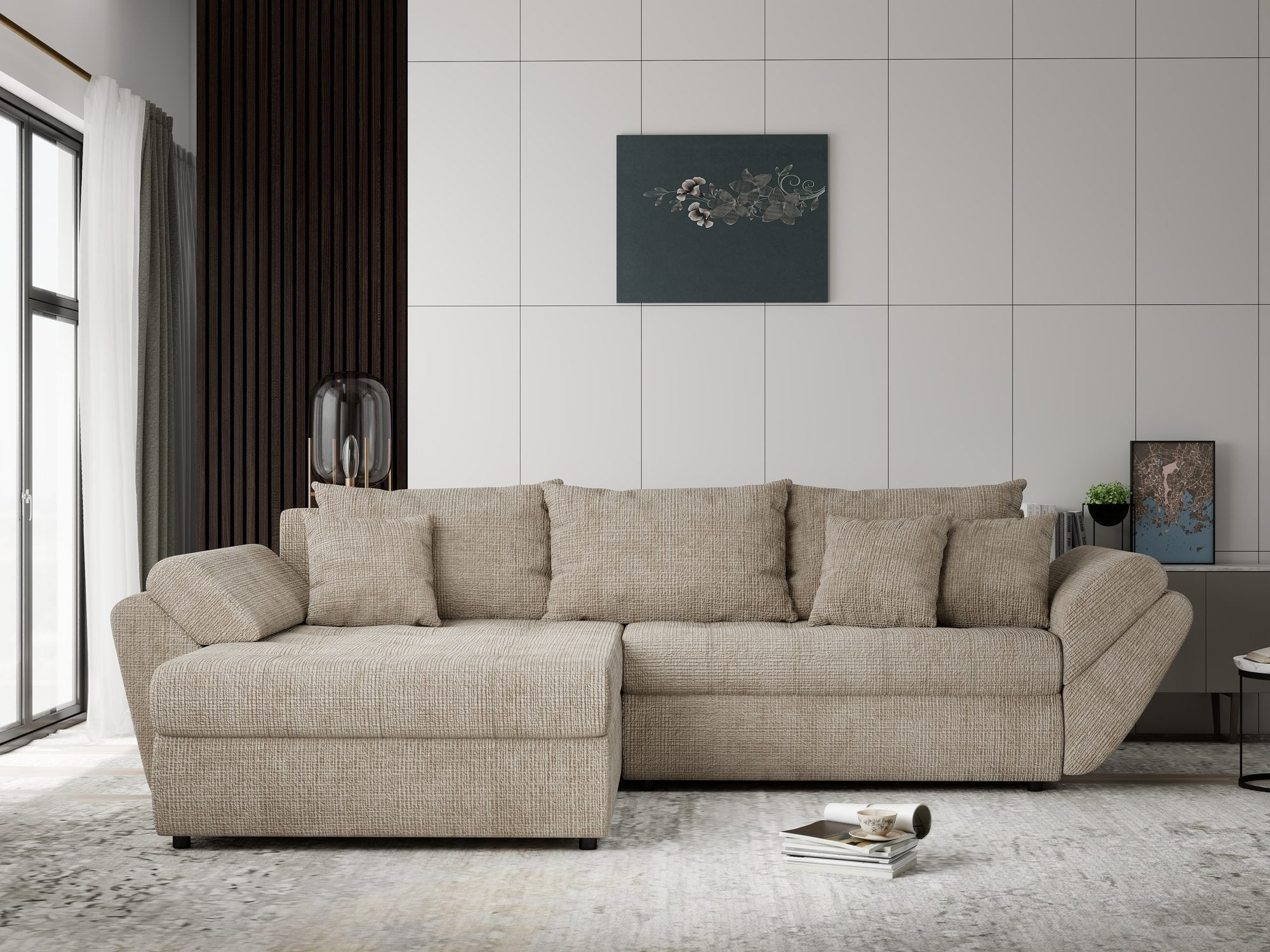 Colțar extensibil dumonde cu ladă de depozitare si sezut confortabil din spuma high-density, Loana Cremona Bej 270x185 cm
