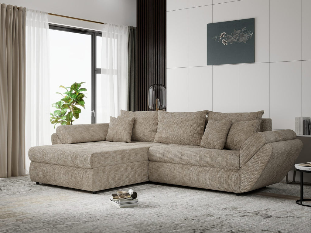 Colțar extensibil dumonde cu ladă de depozitare si sezut confortabil din spuma high-density, Loana Cremona Bej 270x185 cm