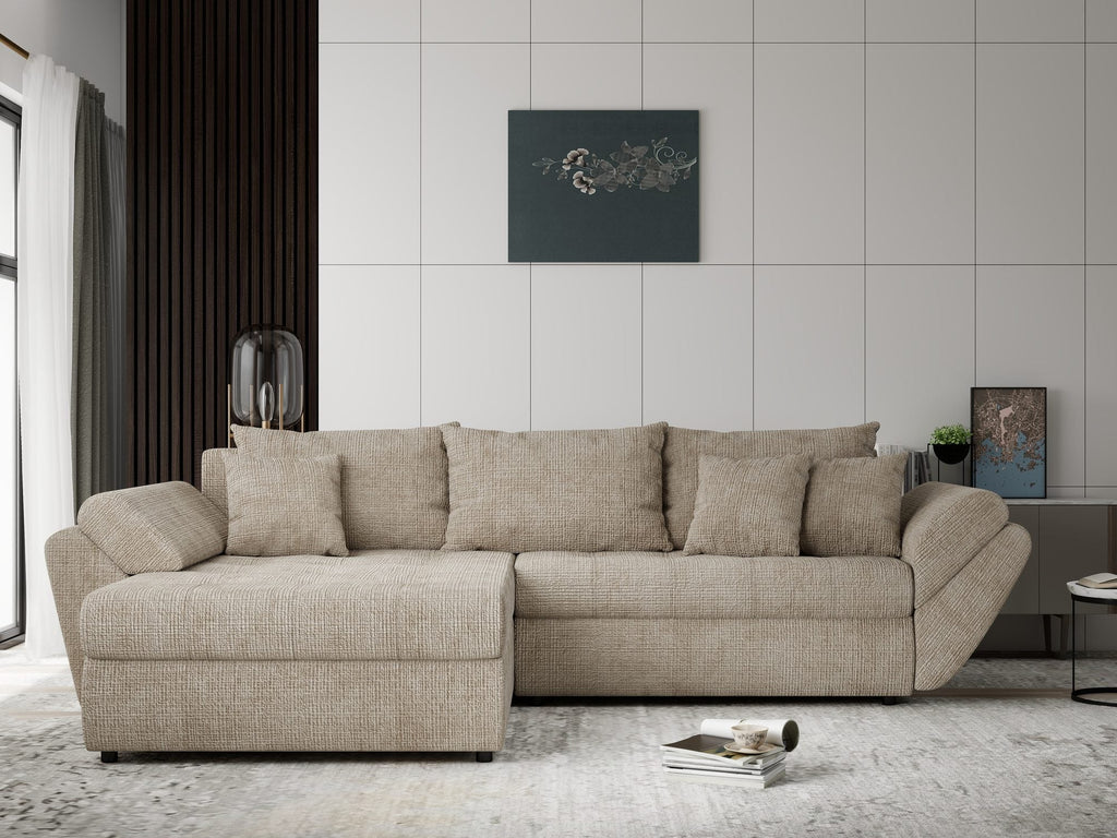 Colțar extensibil dumonde cu ladă de depozitare si sezut confortabil din spuma high-density, Loana Cremona Bej 270x185 cm