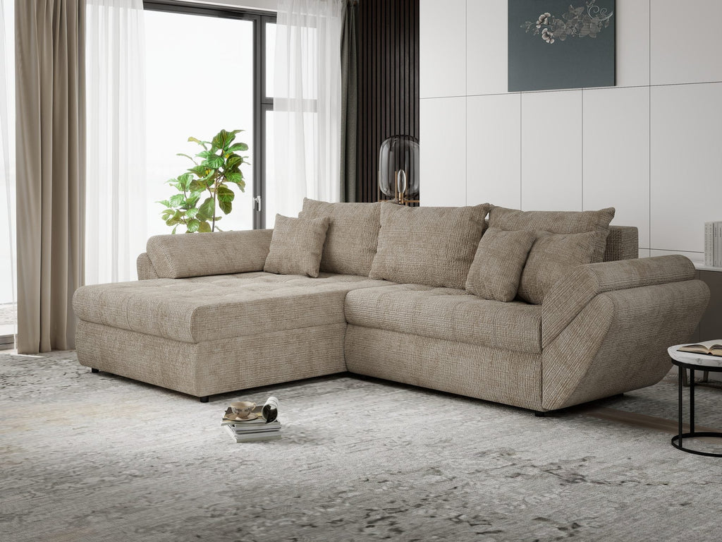 Colțar extensibil dumonde cu ladă de depozitare si sezut confortabil din spuma high-density, Loana Cremona Bej 270x185 cm