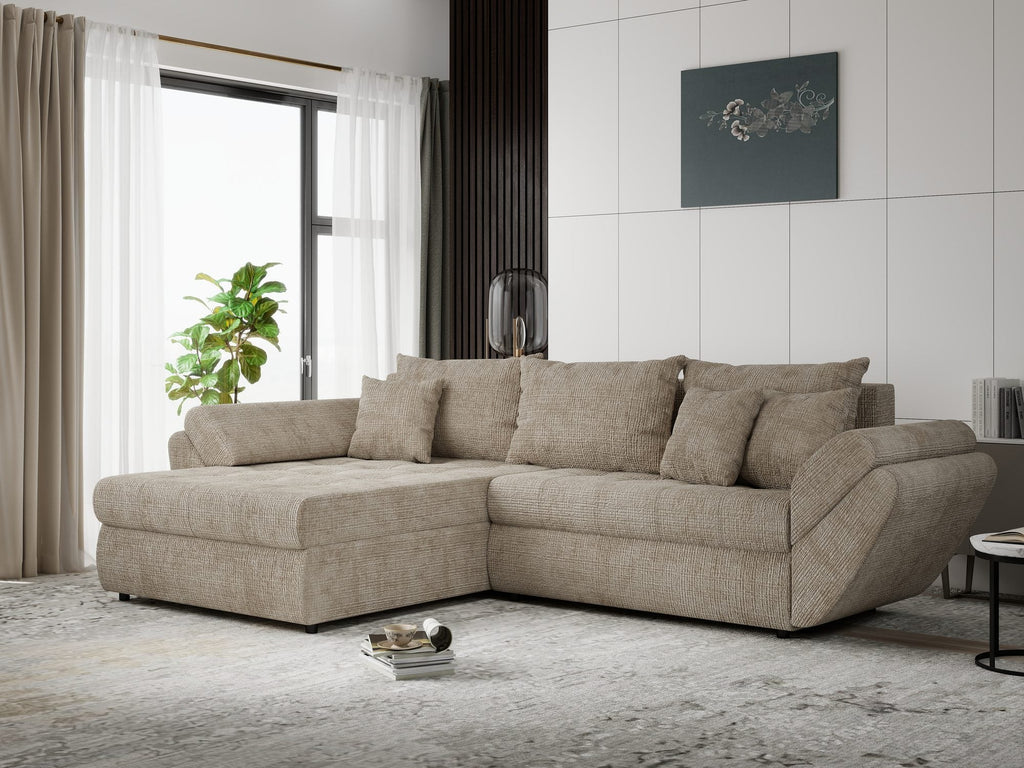 Colțar extensibil dumonde cu ladă de depozitare si sezut confortabil din spuma high-density, Loana Cremona Bej 270x185 cm