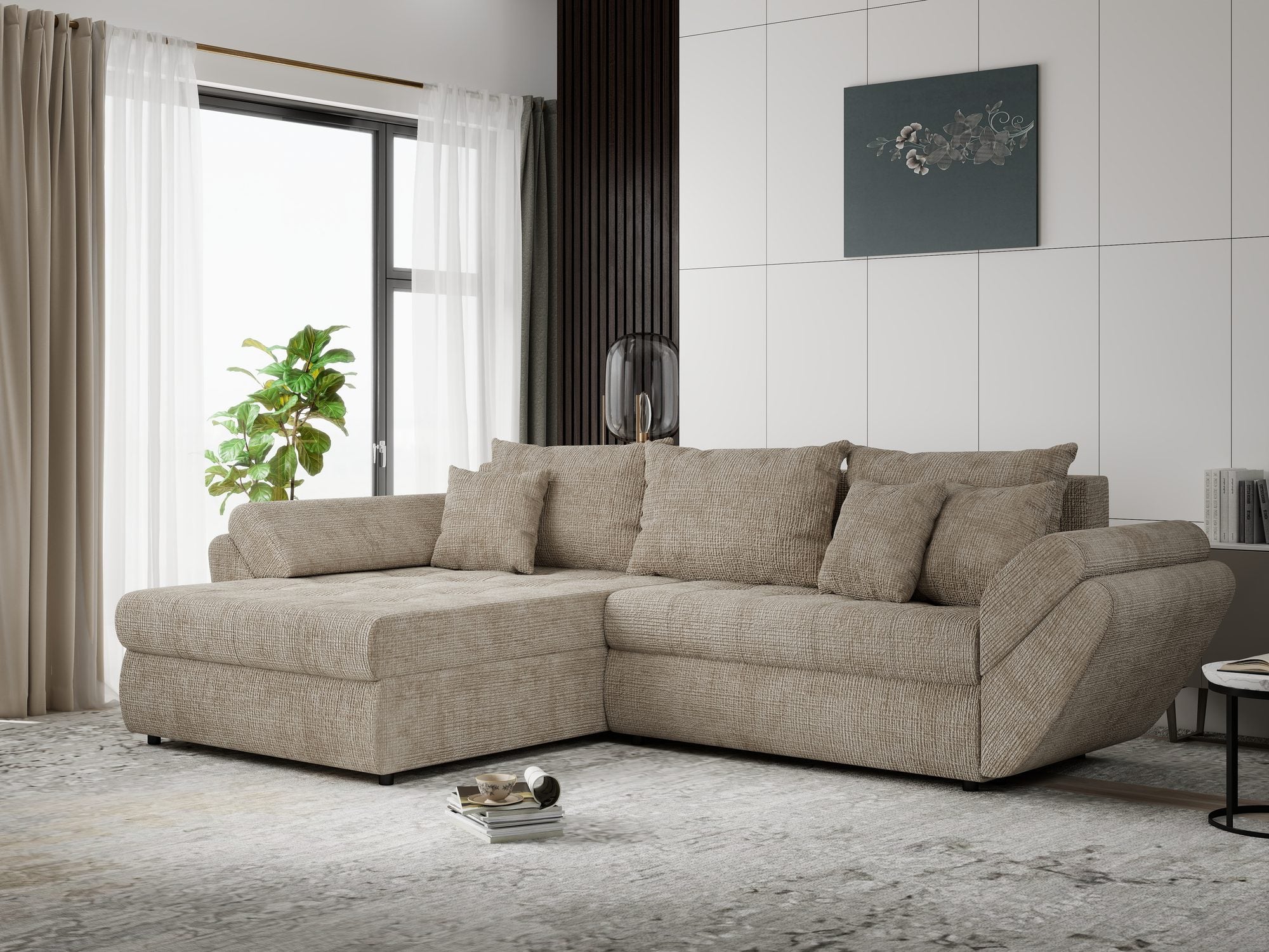 Colțar extensibil dumonde cu ladă de depozitare si sezut confortabil din spuma high-density, Loana Cremona Bej 270x185 cm