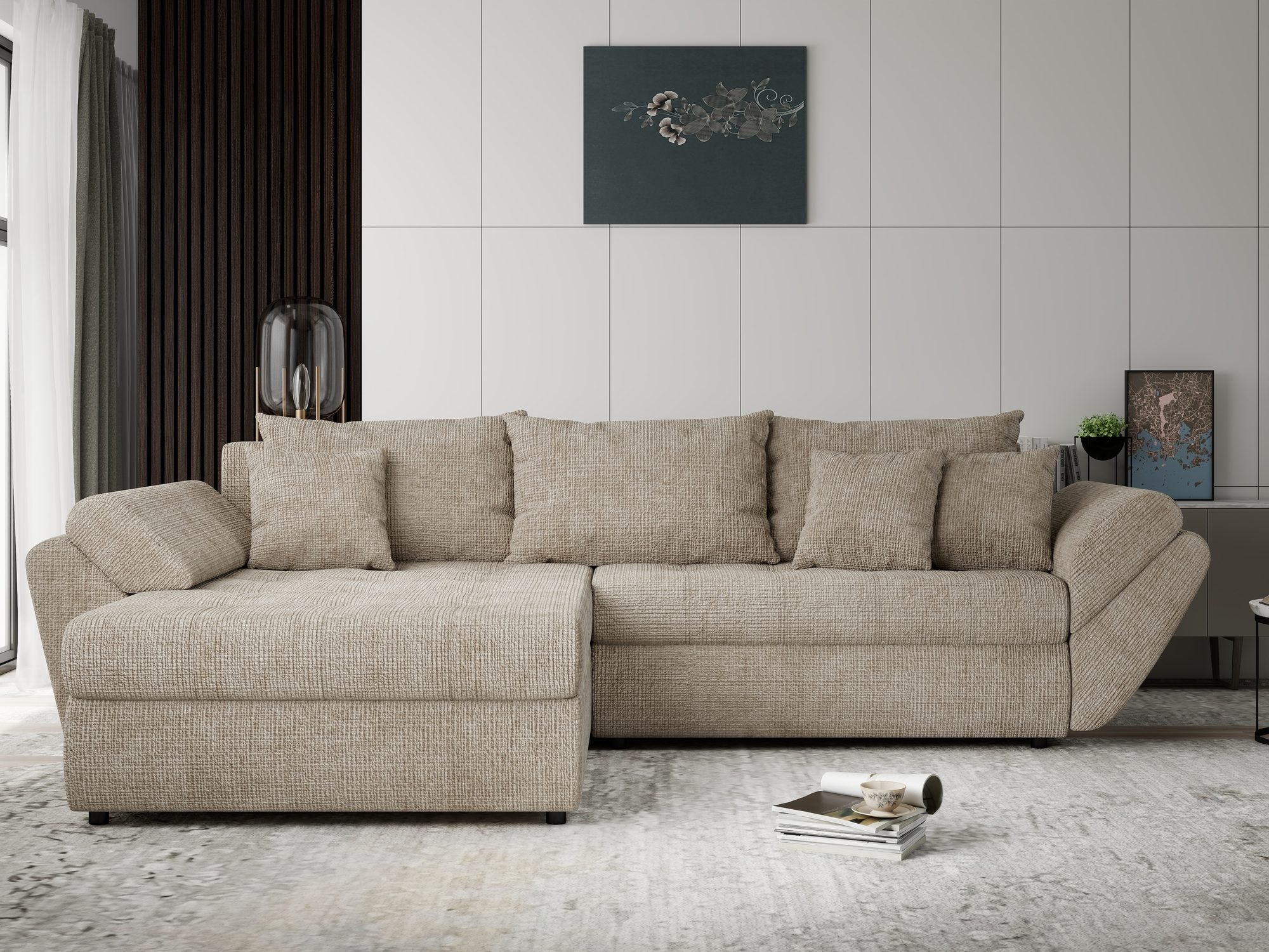 Colțar extensibil dumonde cu ladă de depozitare si sezut confortabil din spuma high-density, Loana Cremona Bej 270x185 cm