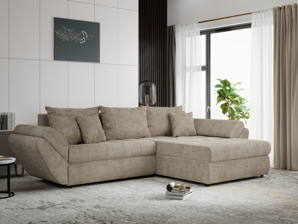 Colțar extensibil dumonde cu ladă de depozitare si sezut confortabil din spuma high-density, Loana Cremona Bej II 270x185 cm