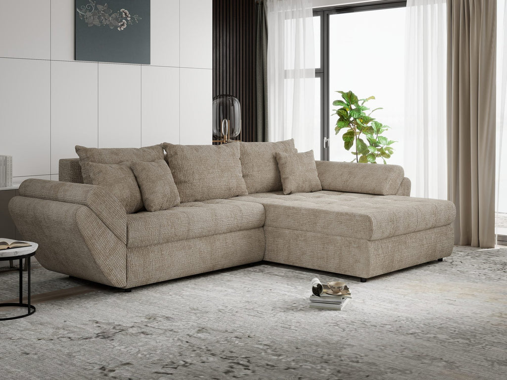 Colțar extensibil dumonde cu ladă de depozitare si sezut confortabil din spuma high-density, Loana Cremona Bej II 270x185 cm