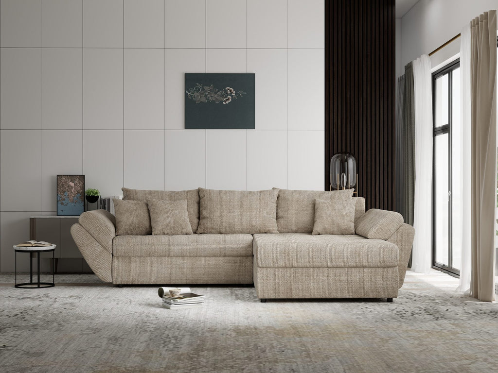 Colțar extensibil dumonde cu ladă de depozitare si sezut confortabil din spuma high-density, Loana Cremona Bej II 270x185 cm