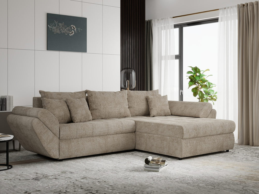 Colțar extensibil dumonde cu ladă de depozitare si sezut confortabil din spuma high-density, Loana Cremona Bej II 270x185 cm