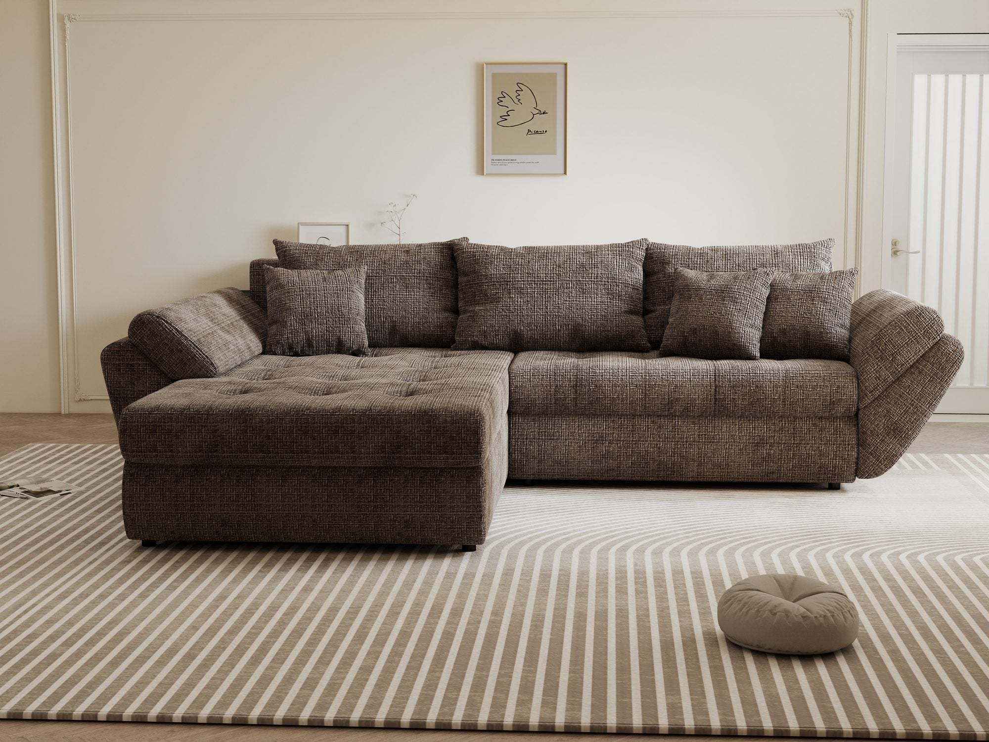 Colțar extensibil dumonde cu ladă de depozitare si sezut confortabil din spuma high-density, Loana Cremona Maro-bej 270x185 cm