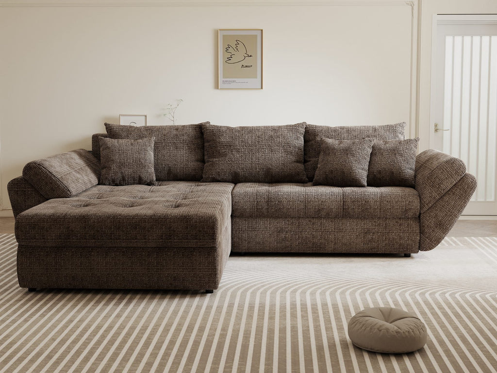 Colțar extensibil dumonde cu ladă de depozitare si sezut confortabil din spuma high-density, Loana Cremona Maro-bej 270x185 cm