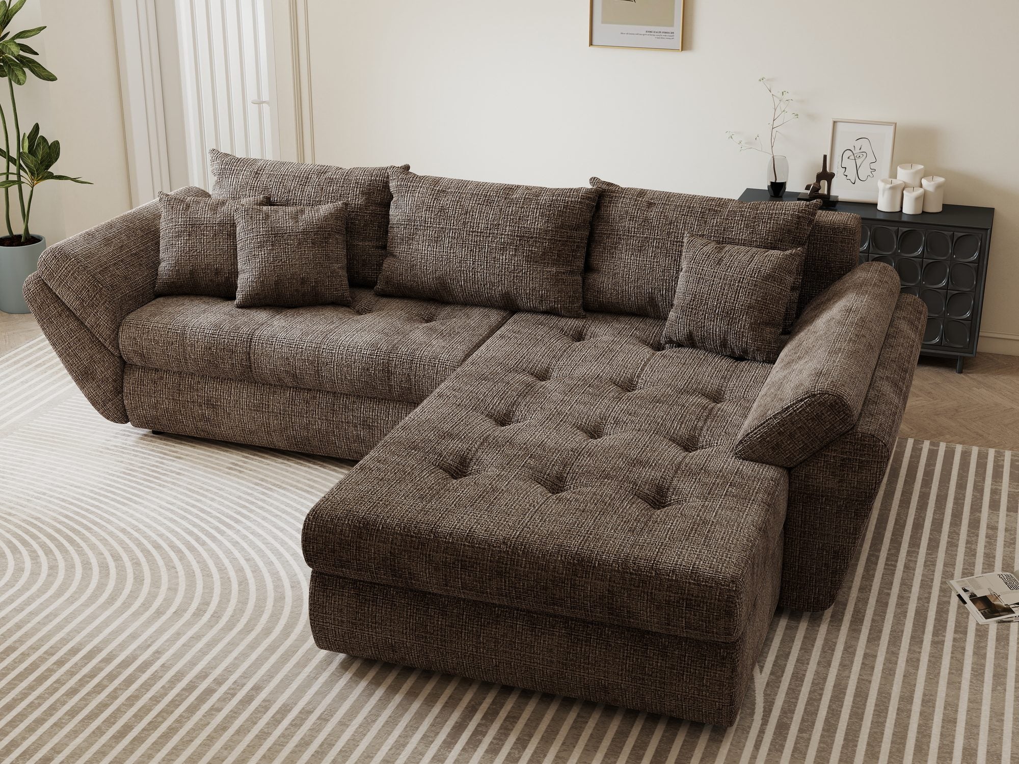 Colțar extensibil dumonde cu ladă de depozitare si sezut confortabil din spuma high-density, Loana Cremona Maro-bej II 270x185 cm