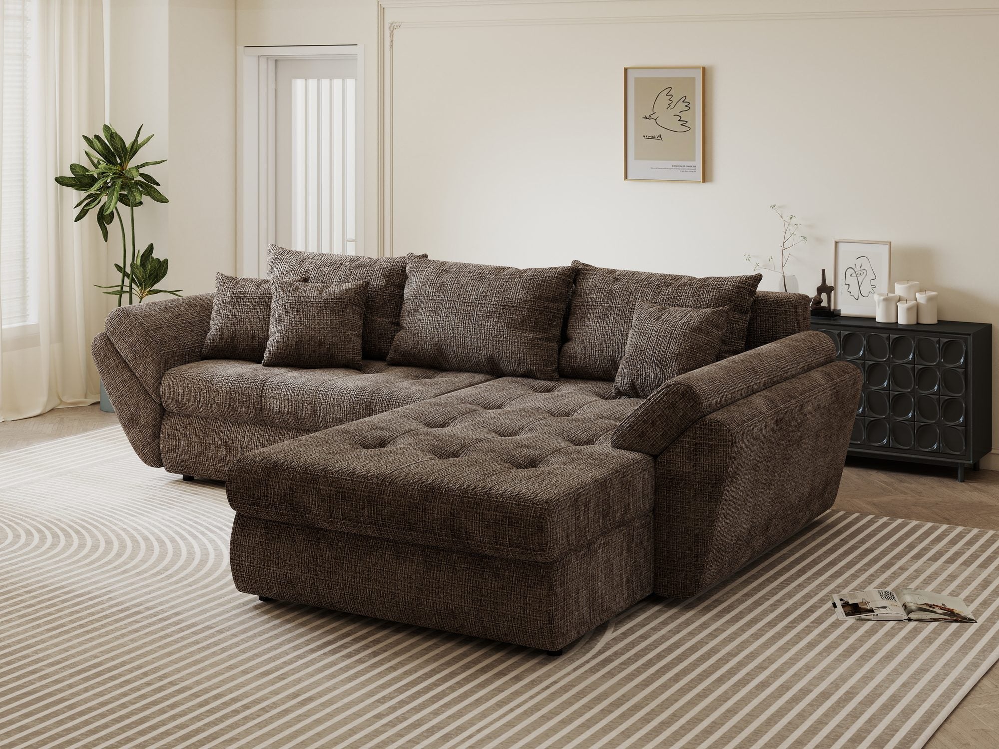 Colțar extensibil dumonde cu ladă de depozitare si sezut confortabil din spuma high-density, Loana Cremona Maro-bej II 270x185 cm