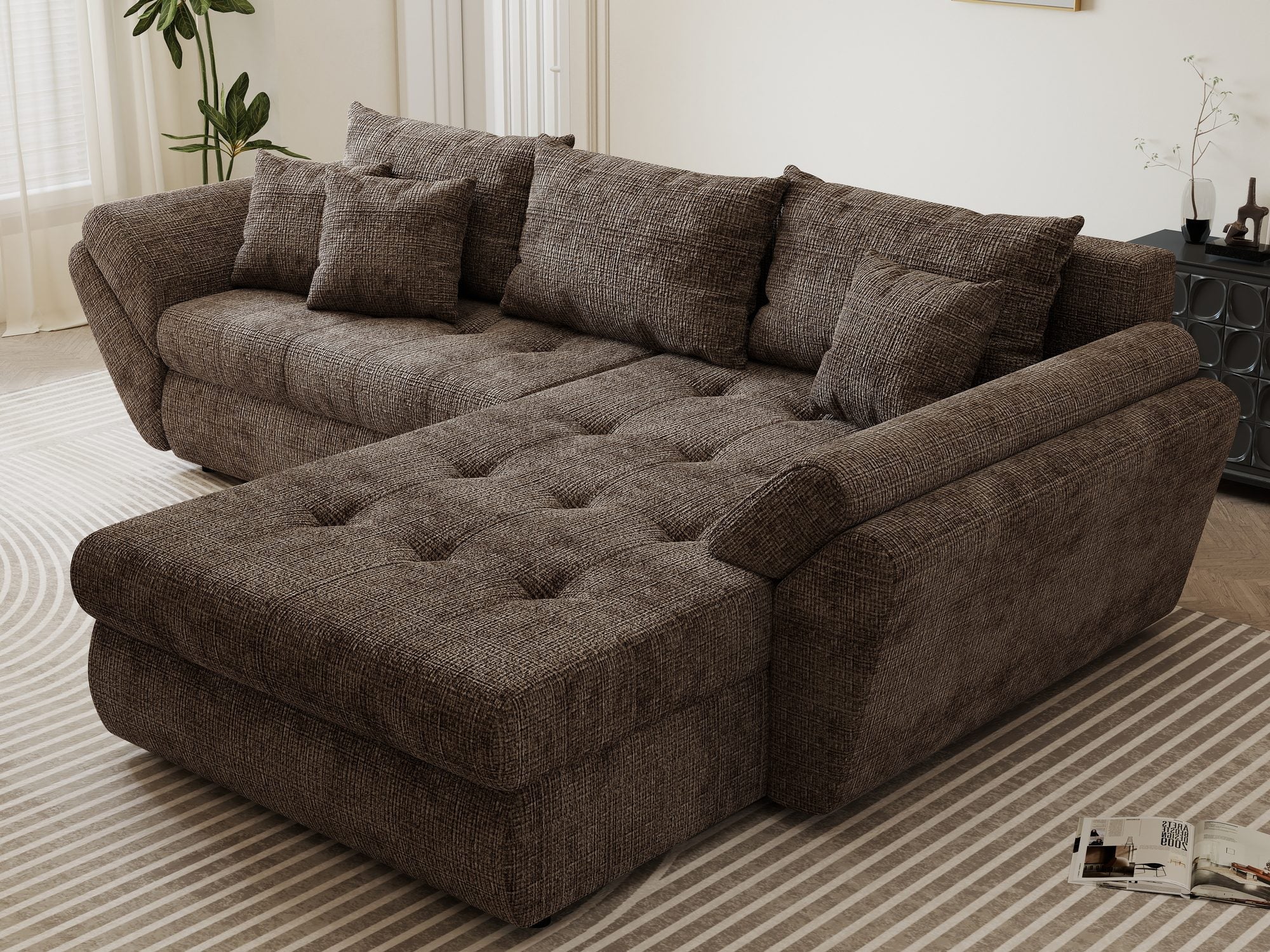 Colțar extensibil dumonde cu ladă de depozitare si sezut confortabil din spuma high-density, Loana Cremona Maro-bej II 270x185 cm