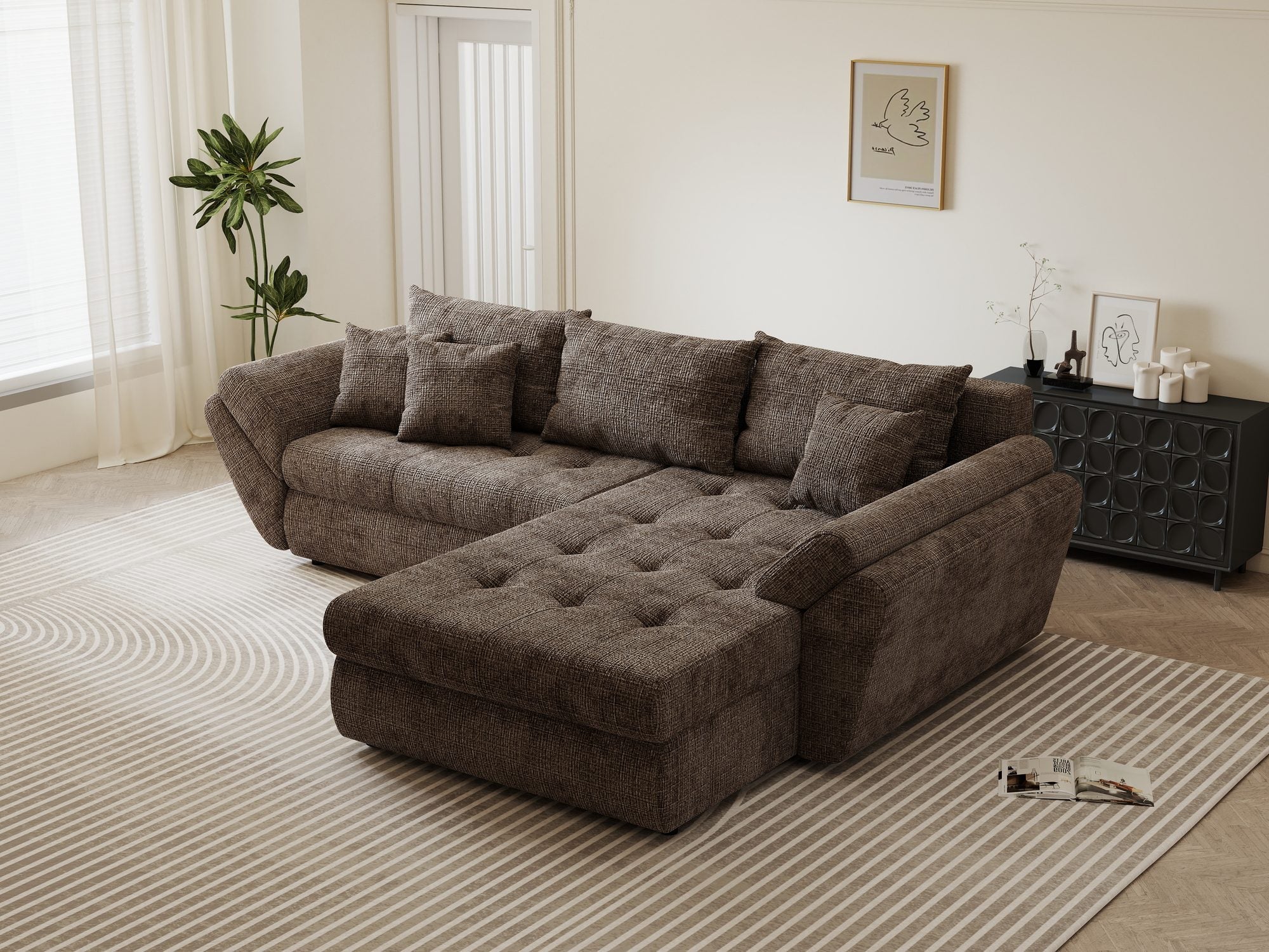 Colțar extensibil dumonde cu ladă de depozitare si sezut confortabil din spuma high-density, Loana Cremona Maro-bej II 270x185 cm