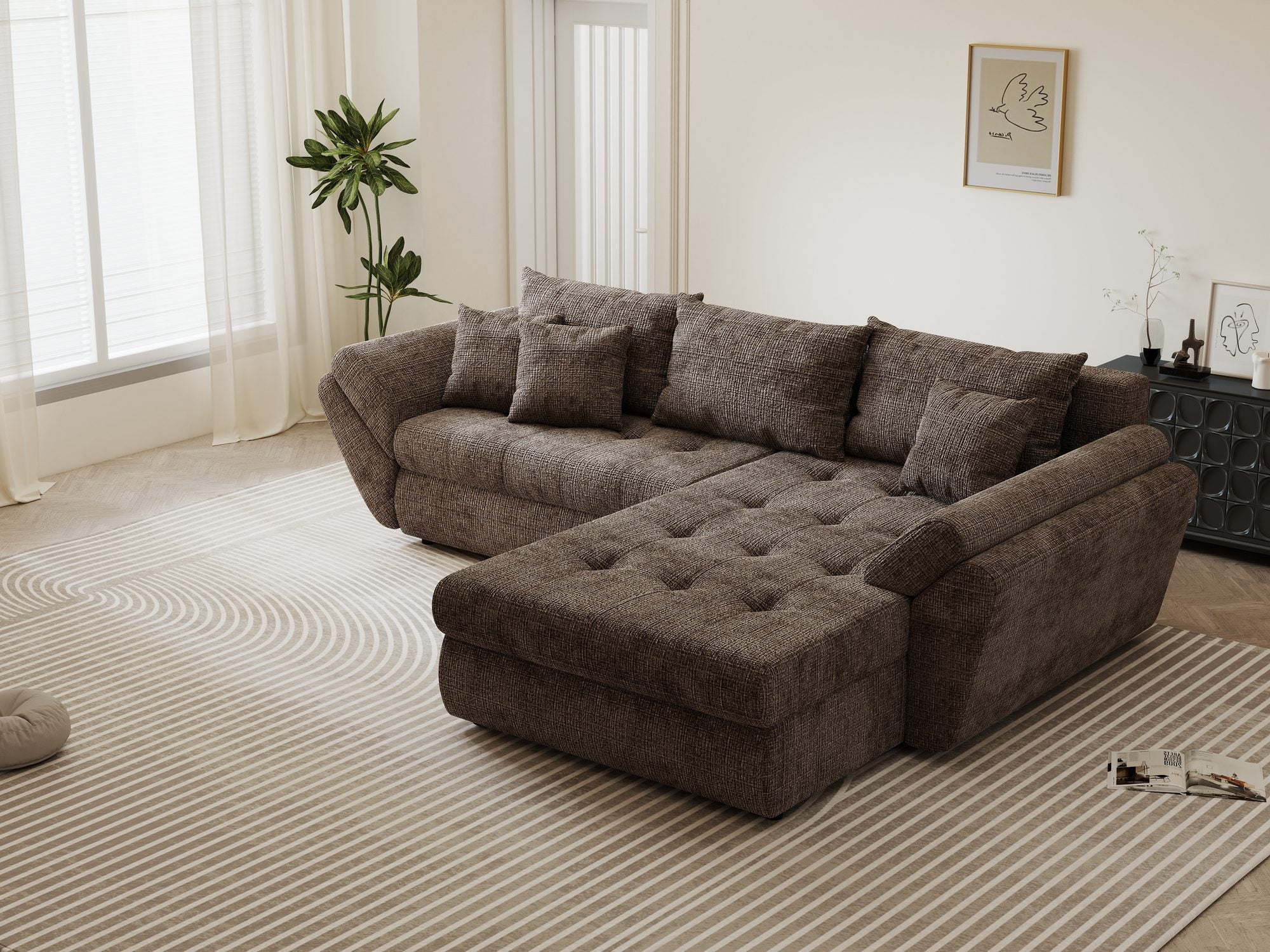 Colțar extensibil dumonde cu ladă de depozitare si sezut confortabil din spuma high-density, Loana Cremona Maro-bej II 270x185 cm