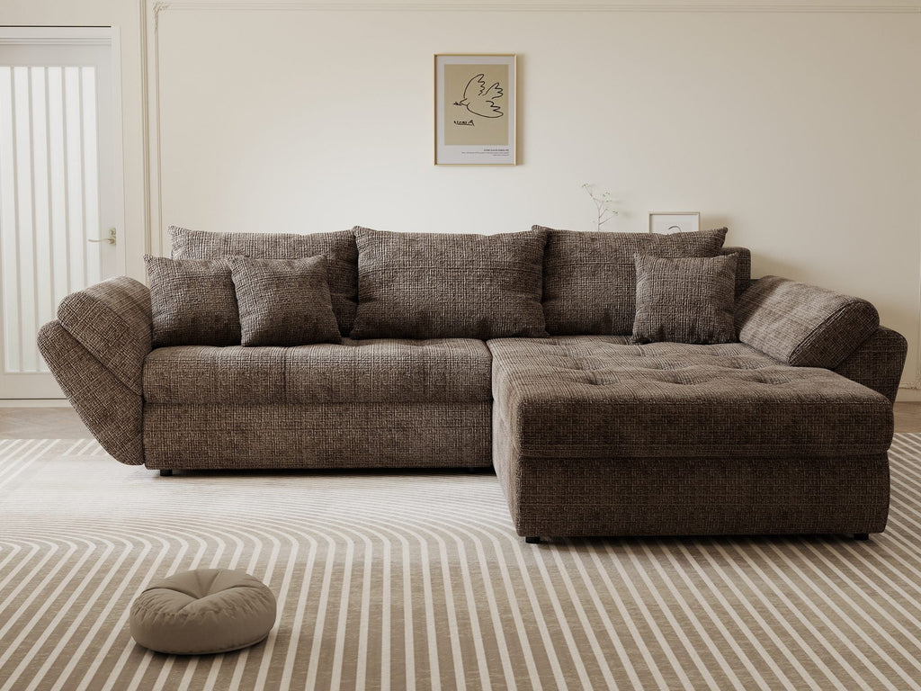 Colțar extensibil dumonde cu ladă de depozitare si sezut confortabil din spuma high-density, Loana Cremona Maro-bej II 270x185 cm