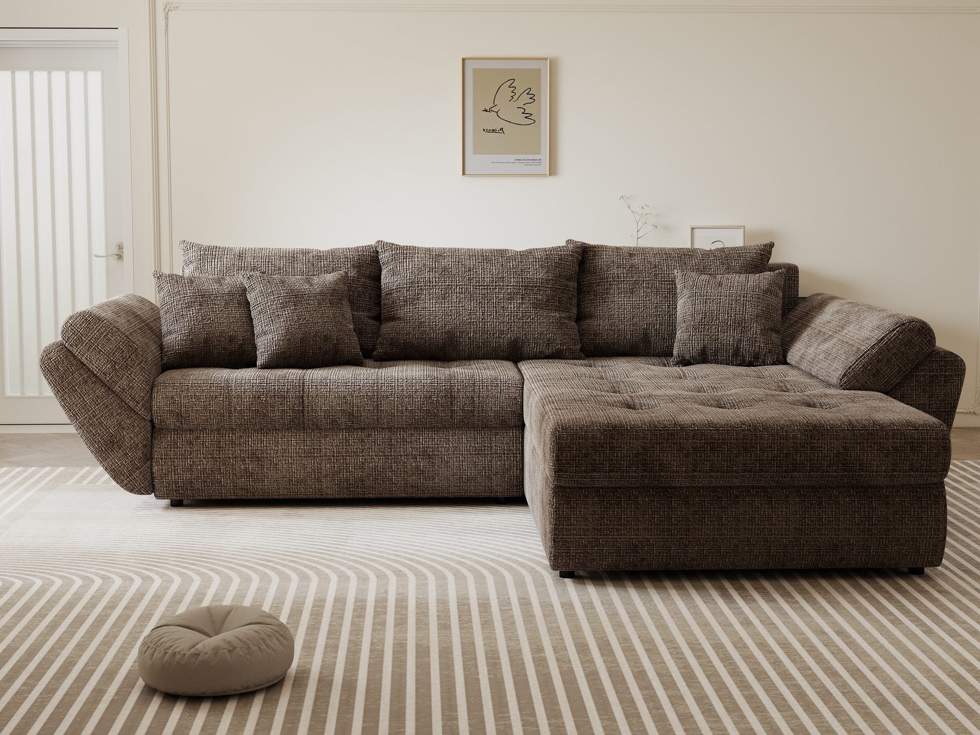 Colțar extensibil dumonde cu ladă de depozitare si sezut confortabil din spuma high-density, Loana Cremona Maro-bej II 270x185 cm