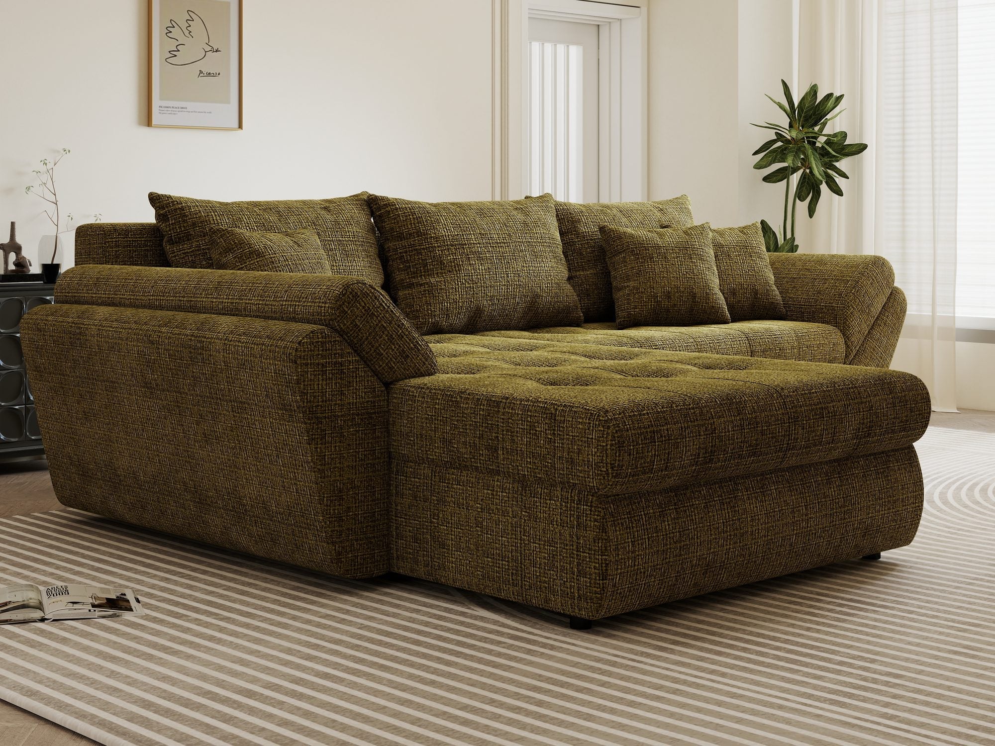 Colțar extensibil dumonde cu ladă de depozitare si sezut confortabil din spuma high-density, Loana Cremona Olive 270x185 cm