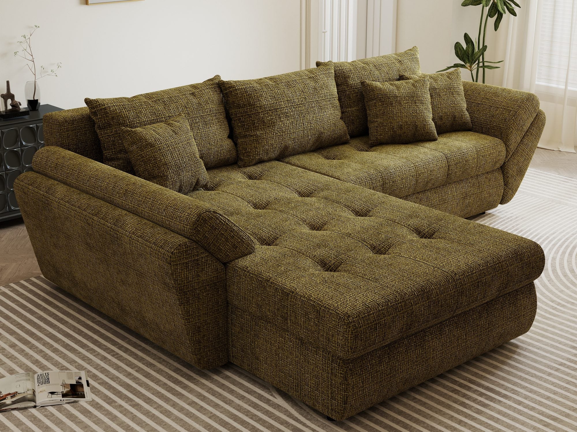 Colțar extensibil dumonde cu ladă de depozitare si sezut confortabil din spuma high-density, Loana Cremona Olive 270x185 cm