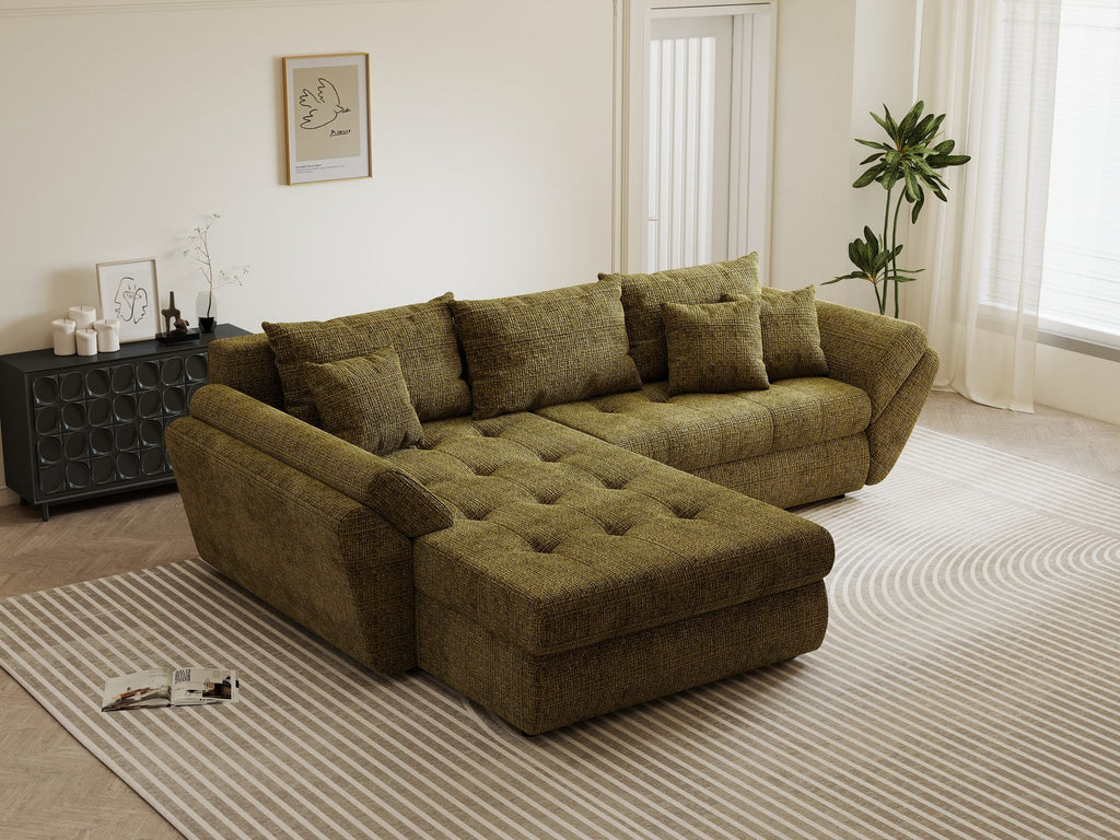 Colțar extensibil dumonde cu ladă de depozitare si sezut confortabil din spuma high-density, Loana Cremona Olive 270x185 cm