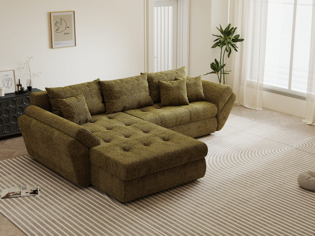 Colțar extensibil dumonde cu ladă de depozitare si sezut confortabil din spuma high-density, Loana Cremona Olive 270x185 cm