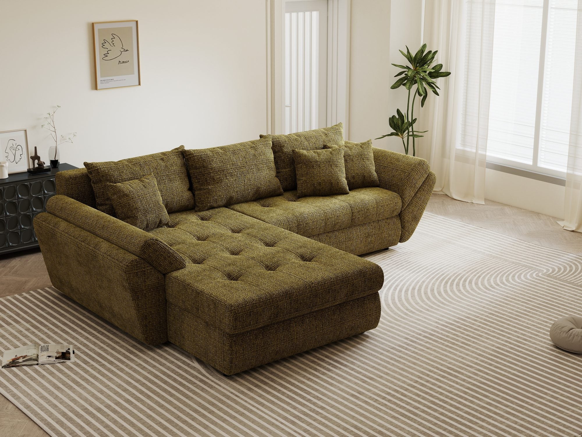 Colțar extensibil dumonde cu ladă de depozitare si sezut confortabil din spuma high-density, Loana Cremona Olive 270x185 cm