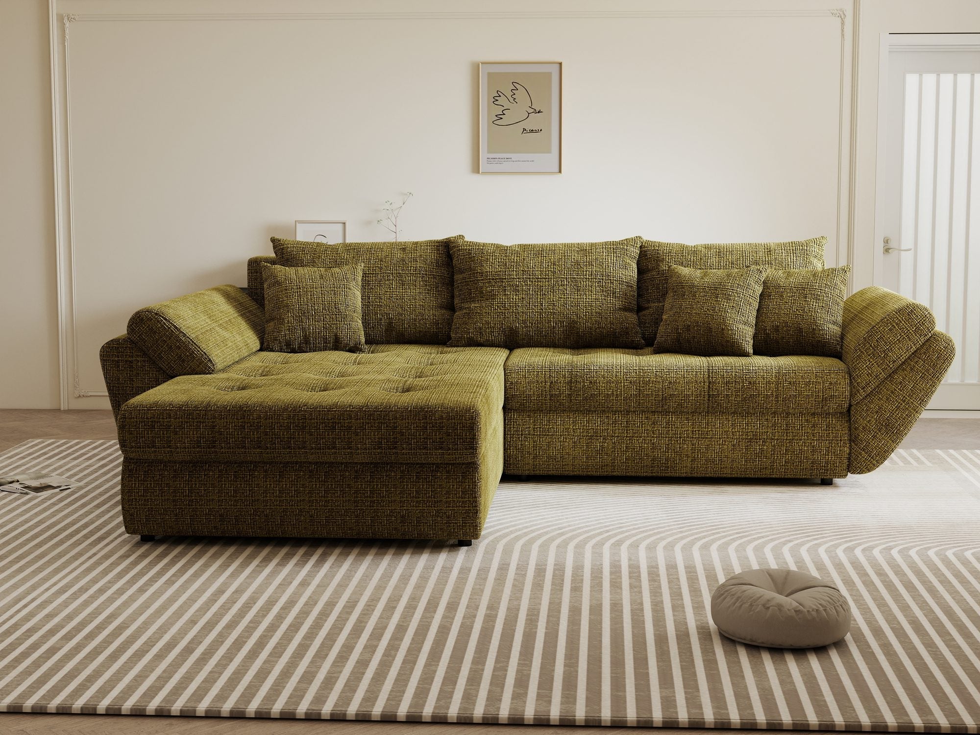 Colțar extensibil dumonde cu ladă de depozitare si sezut confortabil din spuma high-density, Loana Cremona Olive 270x185 cm