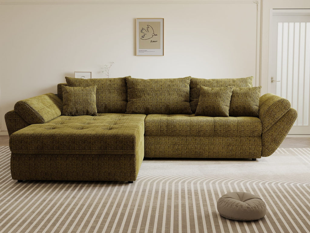 Colțar extensibil dumonde cu ladă de depozitare si sezut confortabil din spuma high-density, Loana Cremona Olive 270x185 cm