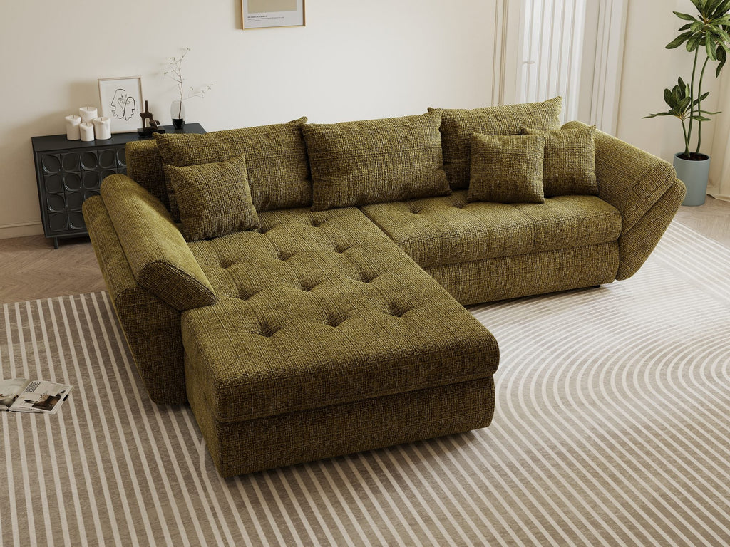 Colțar extensibil dumonde cu ladă de depozitare si sezut confortabil din spuma high-density, Loana Cremona Olive 270x185 cm
