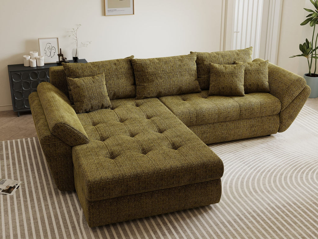 Colțar extensibil dumonde cu ladă de depozitare si sezut confortabil din spuma high-density, Loana Cremona Olive 270x185 cm