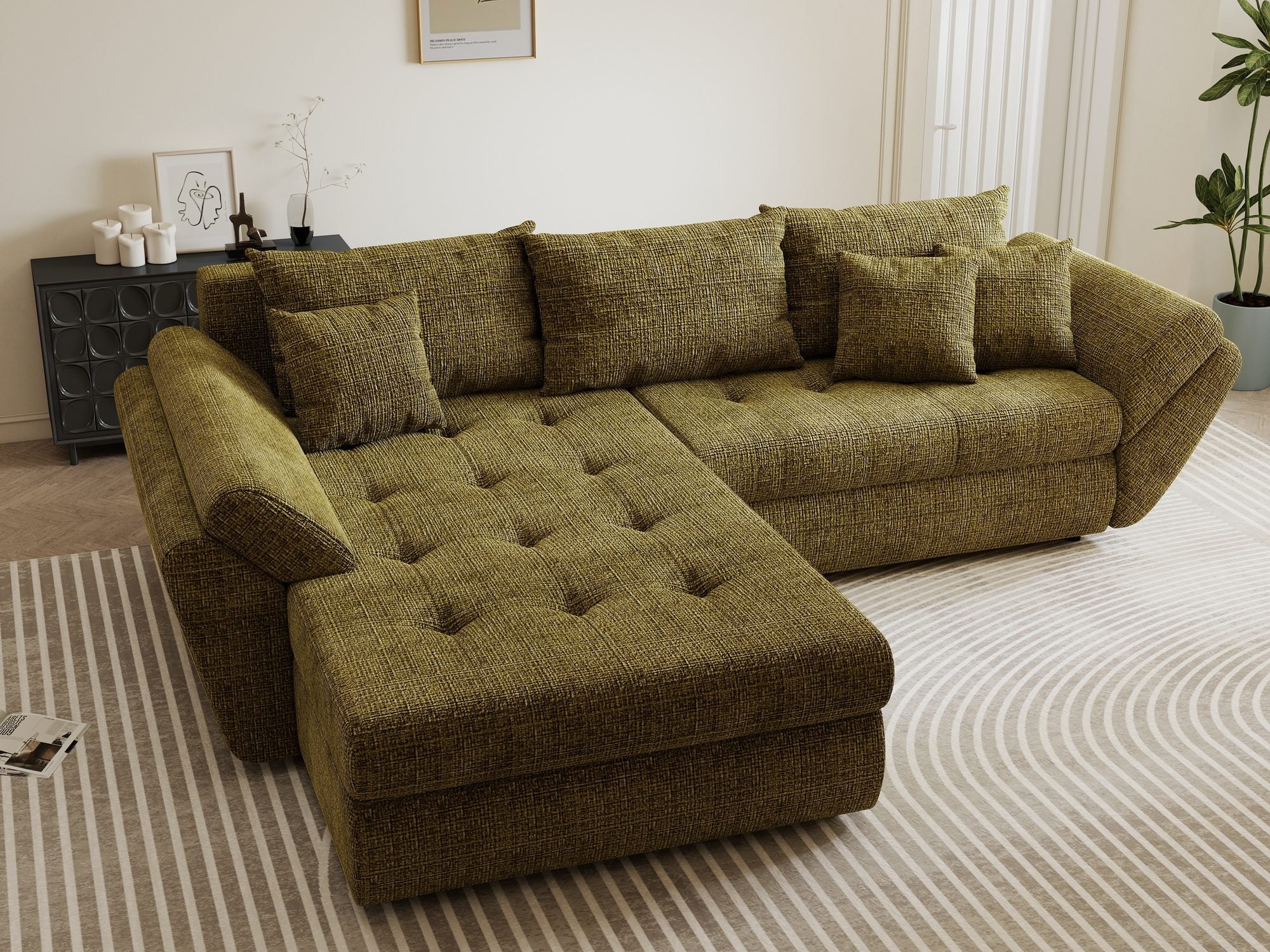 Colțar extensibil dumonde cu ladă de depozitare si sezut confortabil din spuma high-density, Loana Cremona Olive 270x185 cm