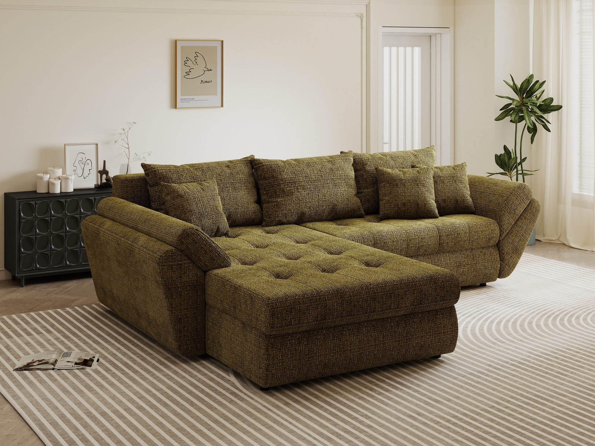 Colțar extensibil dumonde cu ladă de depozitare si sezut confortabil din spuma high-density, Loana Cremona Olive 270x185 cm