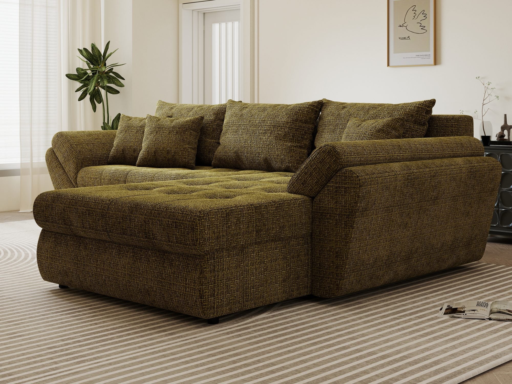 Colțar extensibil dumonde cu ladă de depozitare si sezut confortabil din spuma high-density, Loana Cremona Olive II 270x185 cm