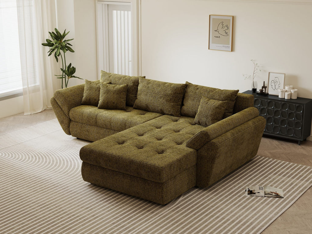 Colțar extensibil dumonde cu ladă de depozitare si sezut confortabil din spuma high-density, Loana Cremona Olive II 270x185 cm
