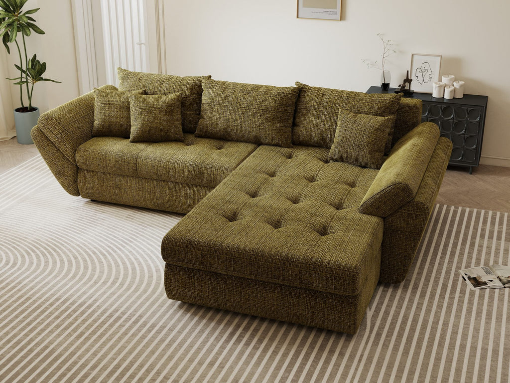 Colțar extensibil dumonde cu ladă de depozitare si sezut confortabil din spuma high-density, Loana Cremona Olive II 270x185 cm