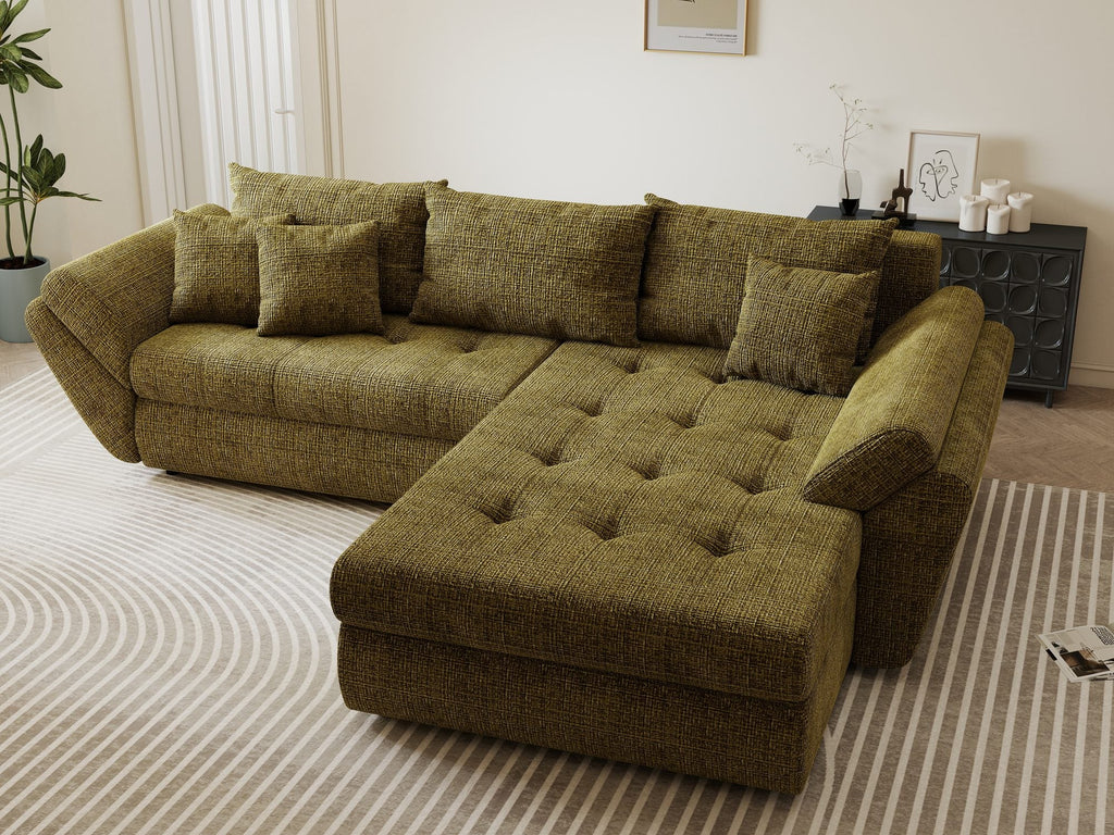 Colțar extensibil dumonde cu ladă de depozitare si sezut confortabil din spuma high-density, Loana Cremona Olive II 270x185 cm