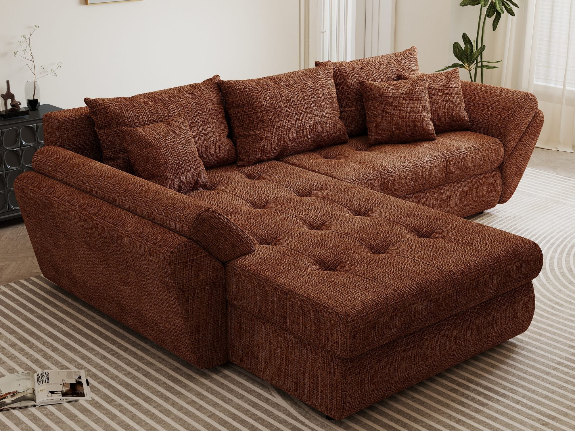 Colțar extensibil dumonde cu ladă de depozitare si sezut confortabil din spuma high-density, Loana Cremona Teracota 270x185 cm