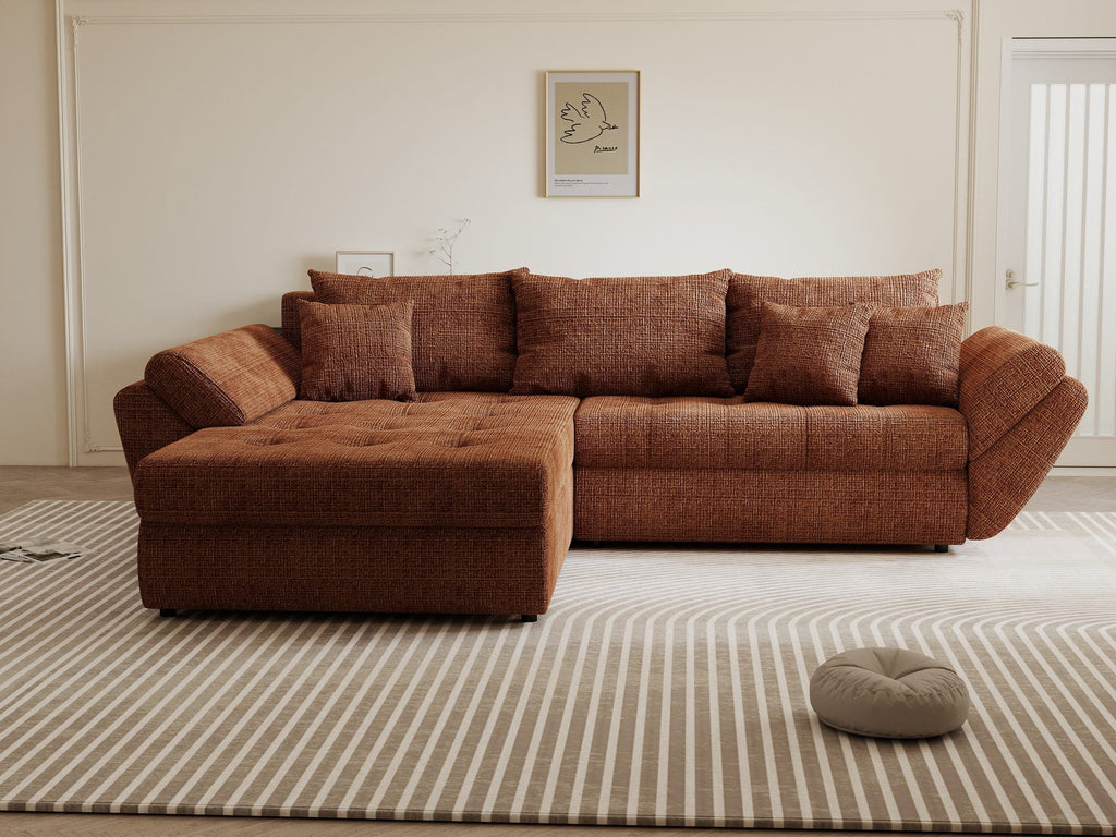Colțar extensibil dumonde cu ladă de depozitare si sezut confortabil din spuma high-density, Loana Cremona Teracota 270x185 cm