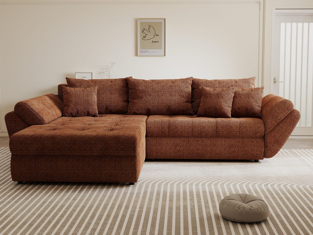 Colțar extensibil dumonde cu ladă de depozitare si sezut confortabil din spuma high-density, Loana Cremona Teracota 270x185 cm