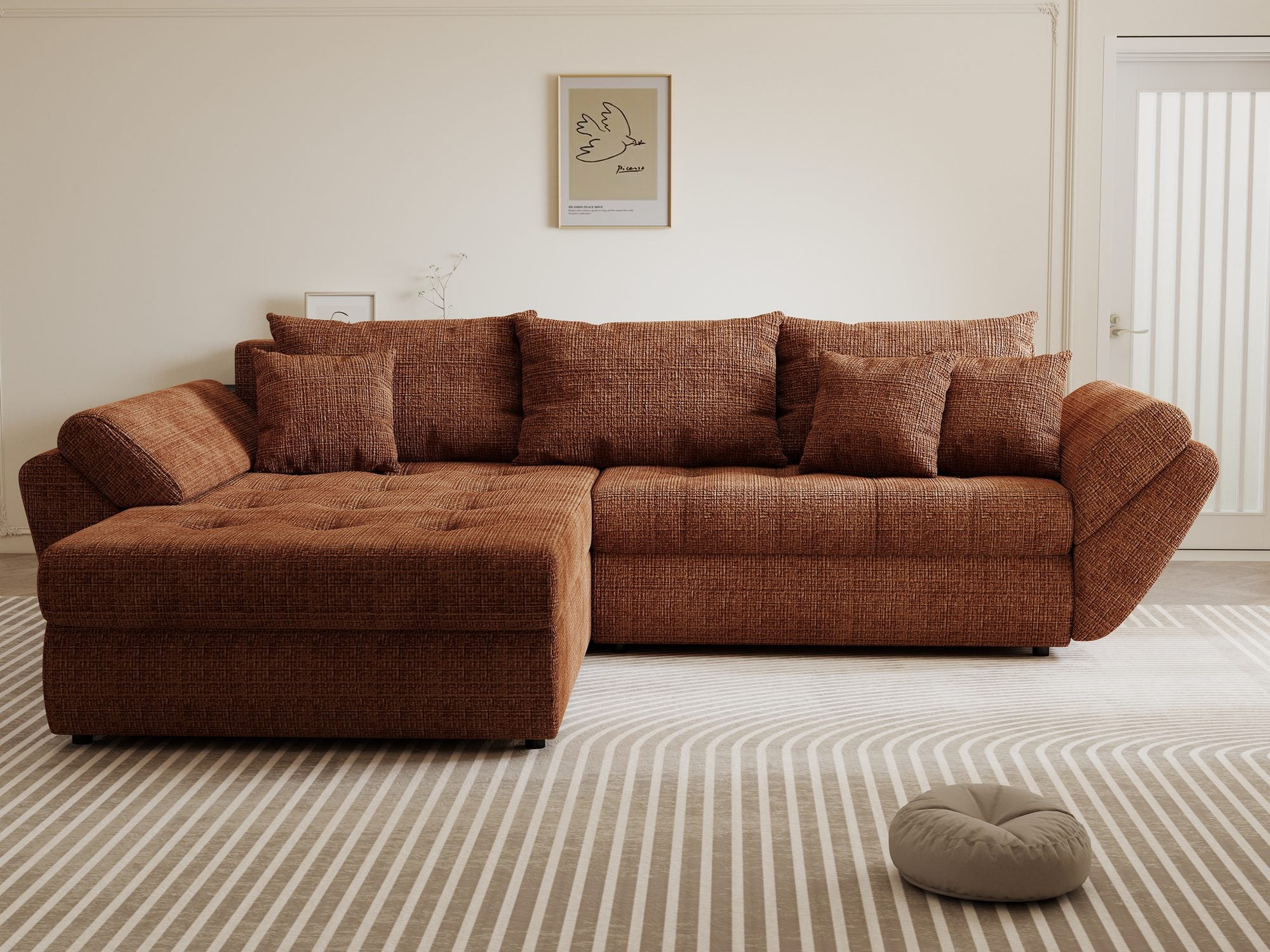 Colțar extensibil dumonde cu ladă de depozitare si sezut confortabil din spuma high-density, Loana Cremona Teracota 270x185 cm