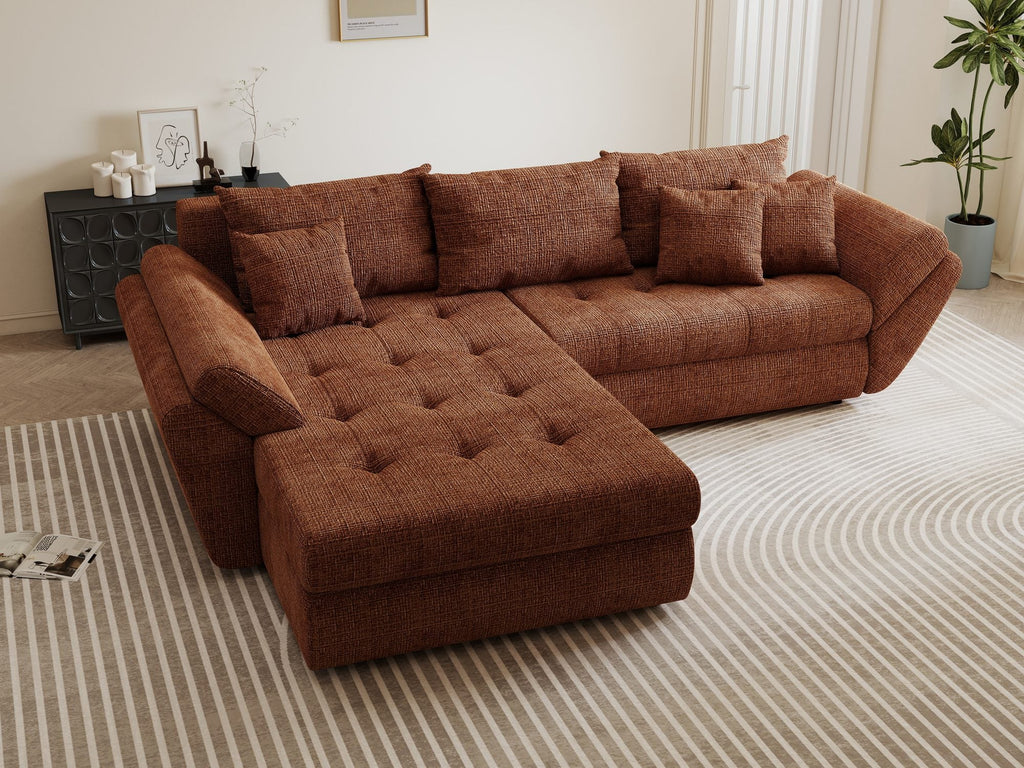 Colțar extensibil dumonde cu ladă de depozitare si sezut confortabil din spuma high-density, Loana Cremona Teracota 270x185 cm