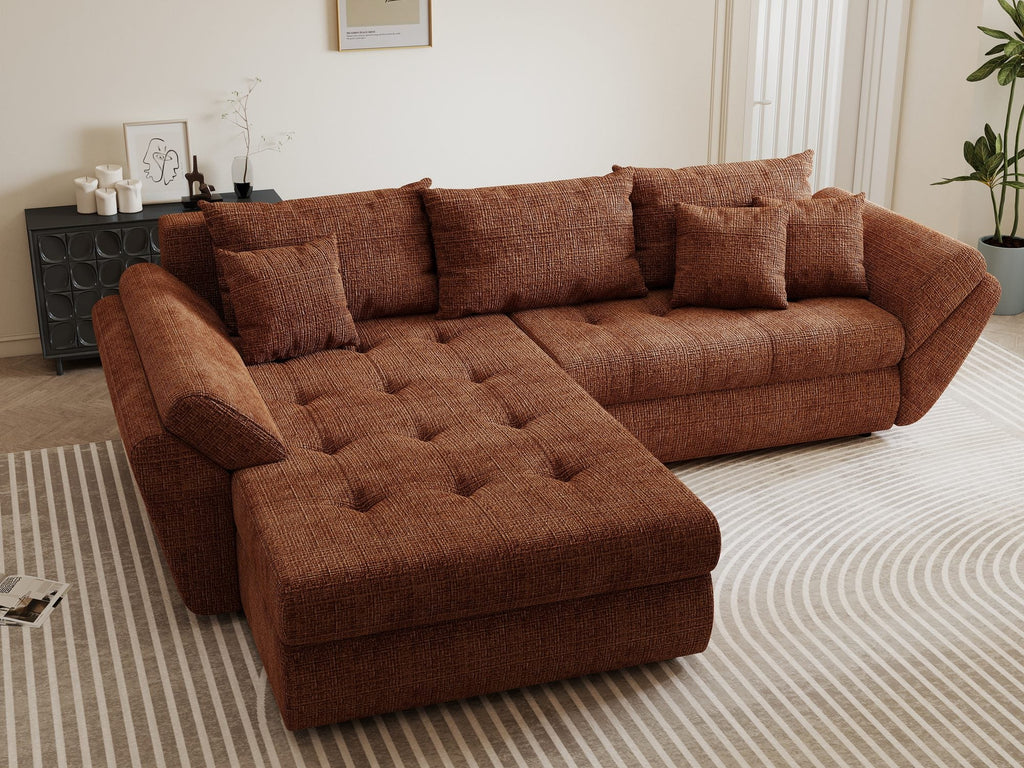 Colțar extensibil dumonde cu ladă de depozitare si sezut confortabil din spuma high-density, Loana Cremona Teracota 270x185 cm